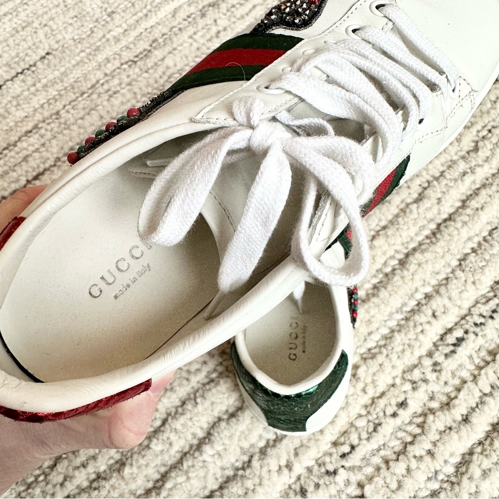 Gucci White Leather Ace Sneakers with Green and Red Web and Embellished Bee - Picture 4 of 8